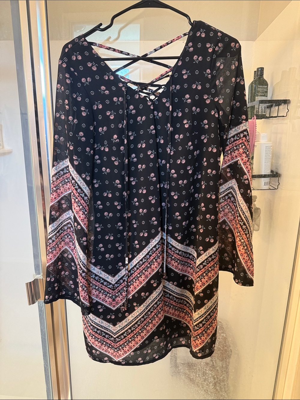 Xhilaration Black Floral Boho Tunic Dress with Pink and White Chevron Accents